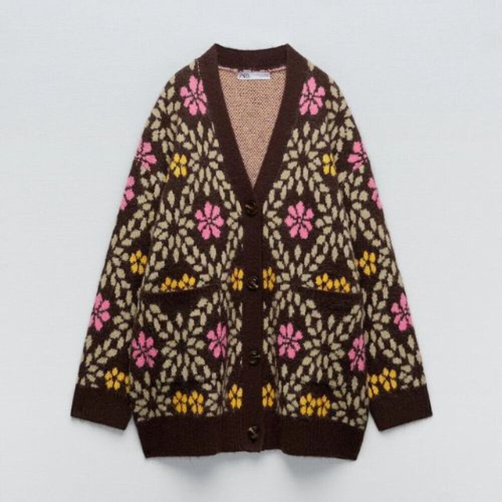 ZARA Oversized Chunky Floral Knit Cardigan Sweater Size Small nbnn - Picture 1 of 9